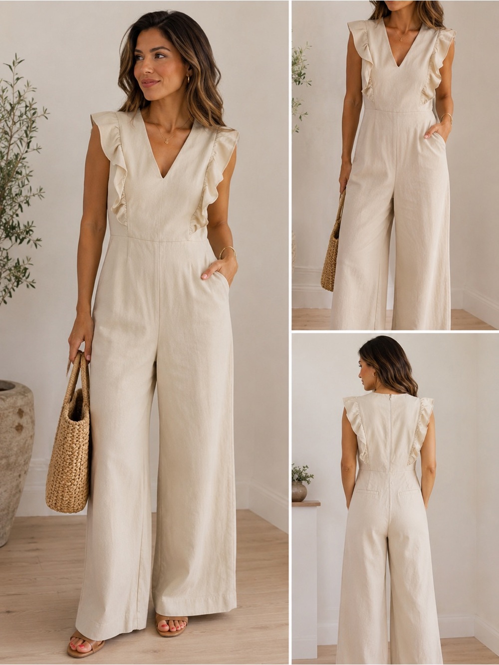 En Saison Cream Ruffle-Trim Wide-Leg Jumpsuit